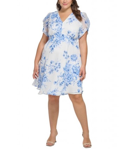 Plus Size Floral-Print Puff-Sleeve A-Line Dress Chambray Multi $30.34 Dresses