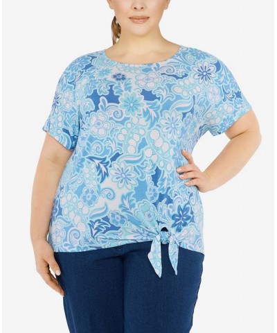 Plus Size Knit Modern Floral Print Top Blue $32.64 Tops